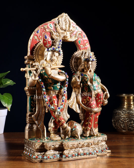 Handcrafted Brass Radha Krishna Idol - Ecstatic Posture 14 inch with stonework