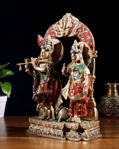 Handcrafted Brass Radha Krishna Idol - Ecstatic Posture 14 inch with stonework