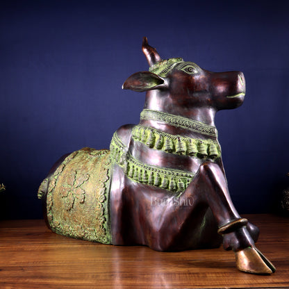 Brass Antique Large Nandi Sculpture | BudhShiv 33" copper and green