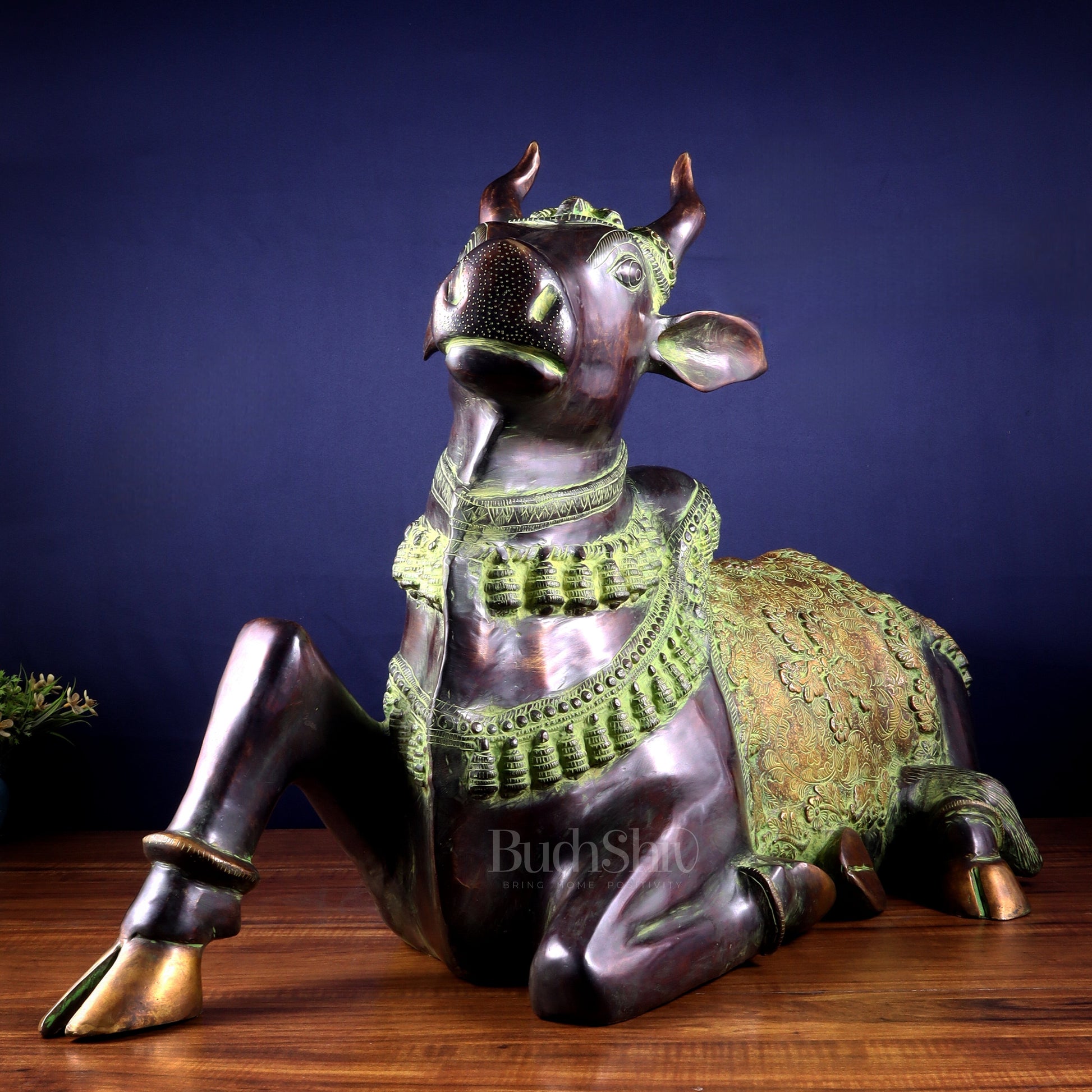 Brass Antique Large Nandi Sculpture | BudhShiv 33" copper and green
