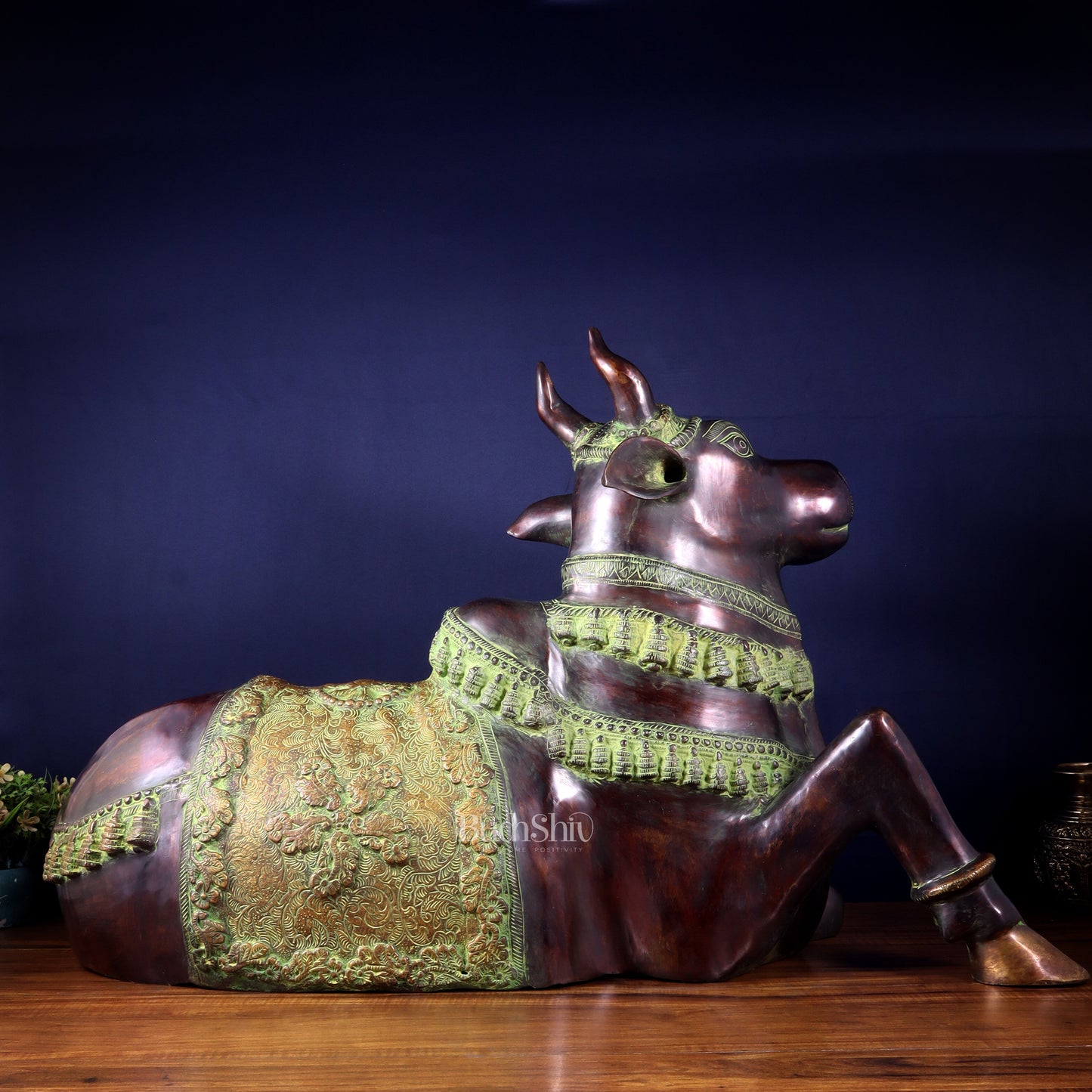 Brass Antique Large Nandi Sculpture | BudhShiv 33" copper and green