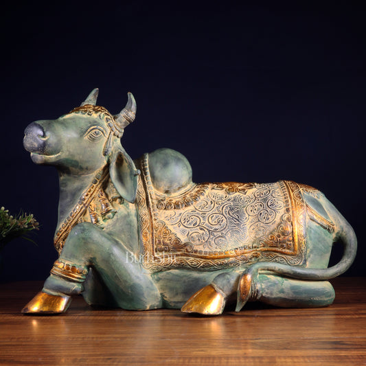 Exquisite Handcrafted Brass Nandi Idol – Vintage Green Patina 21"
