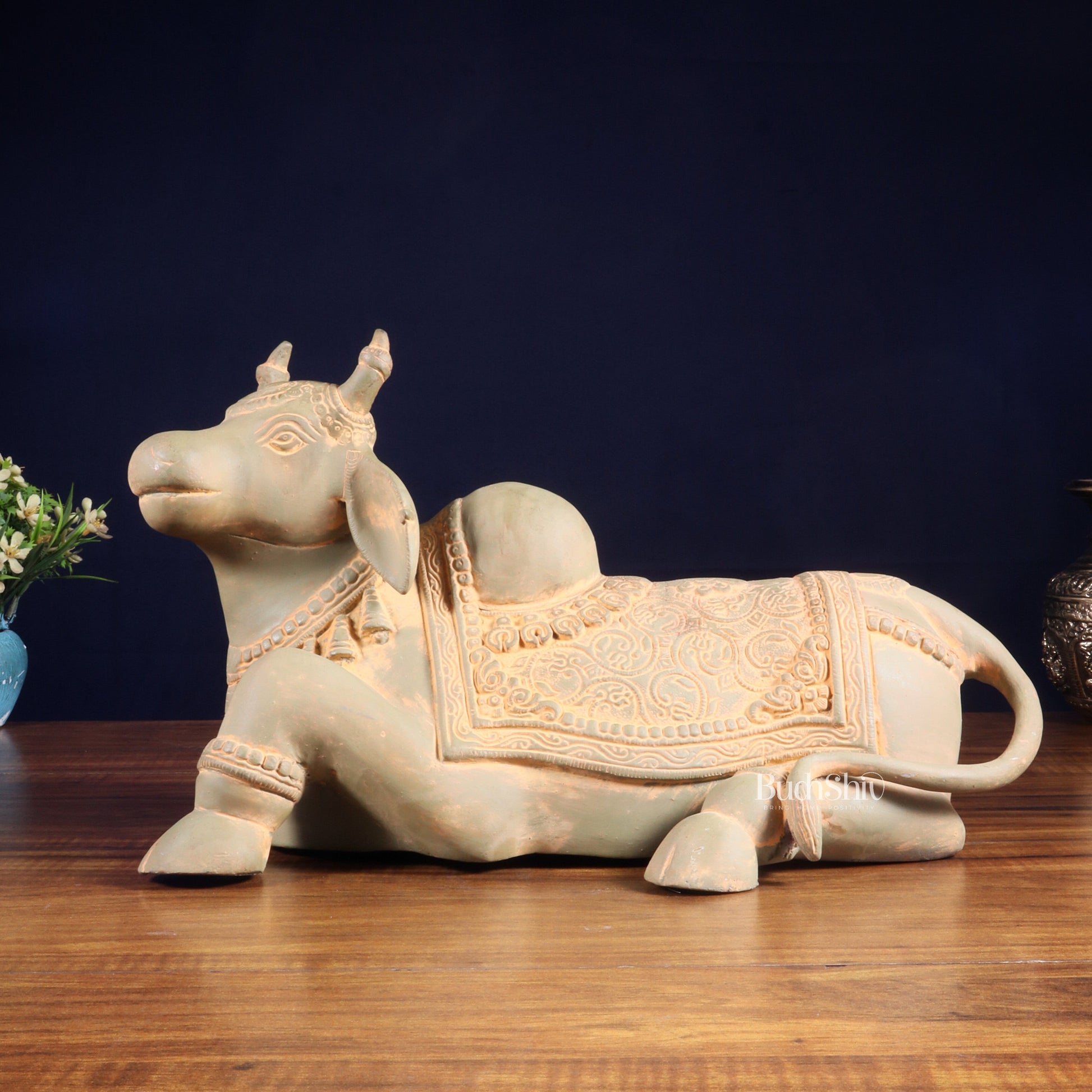 Brass Nandi Statue green sand finish - 15 inch