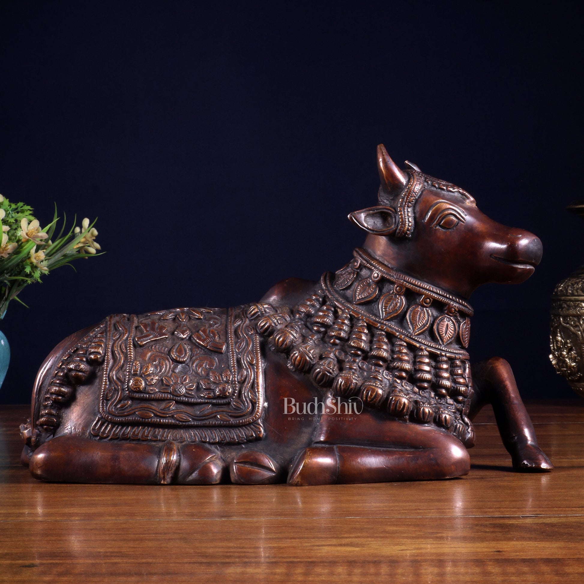 Pure Brass Engraved Nandi Statue – 10" Dark brown