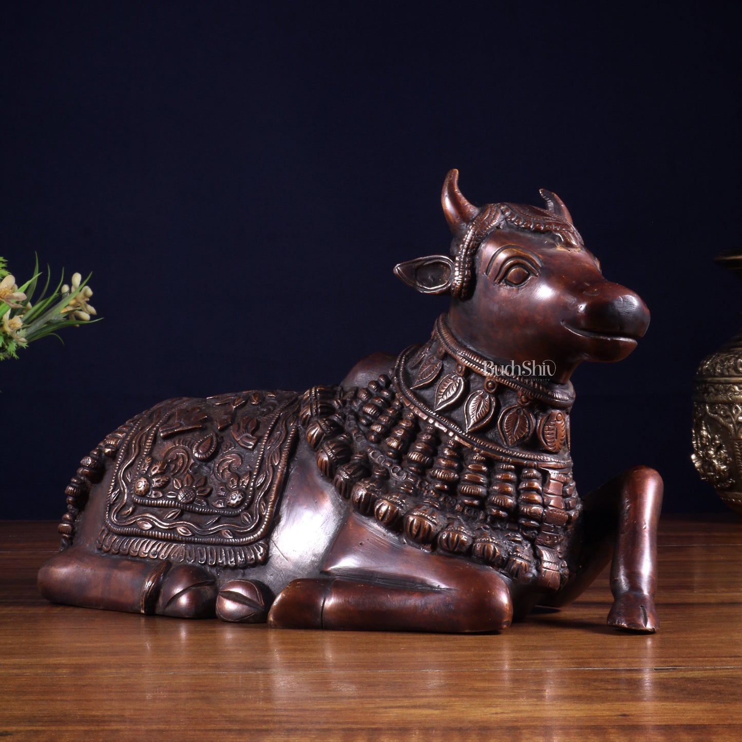 Pure Brass Engraved Nandi Statue – 10" Dark brown