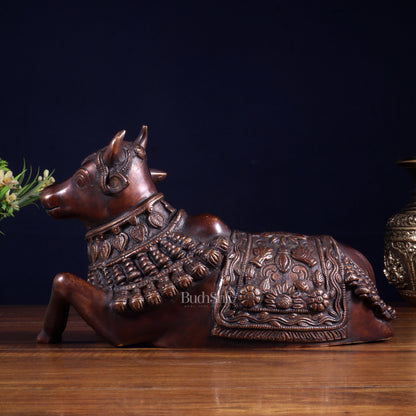 Pure Brass Engraved Nandi Statue – 10" Dark brown