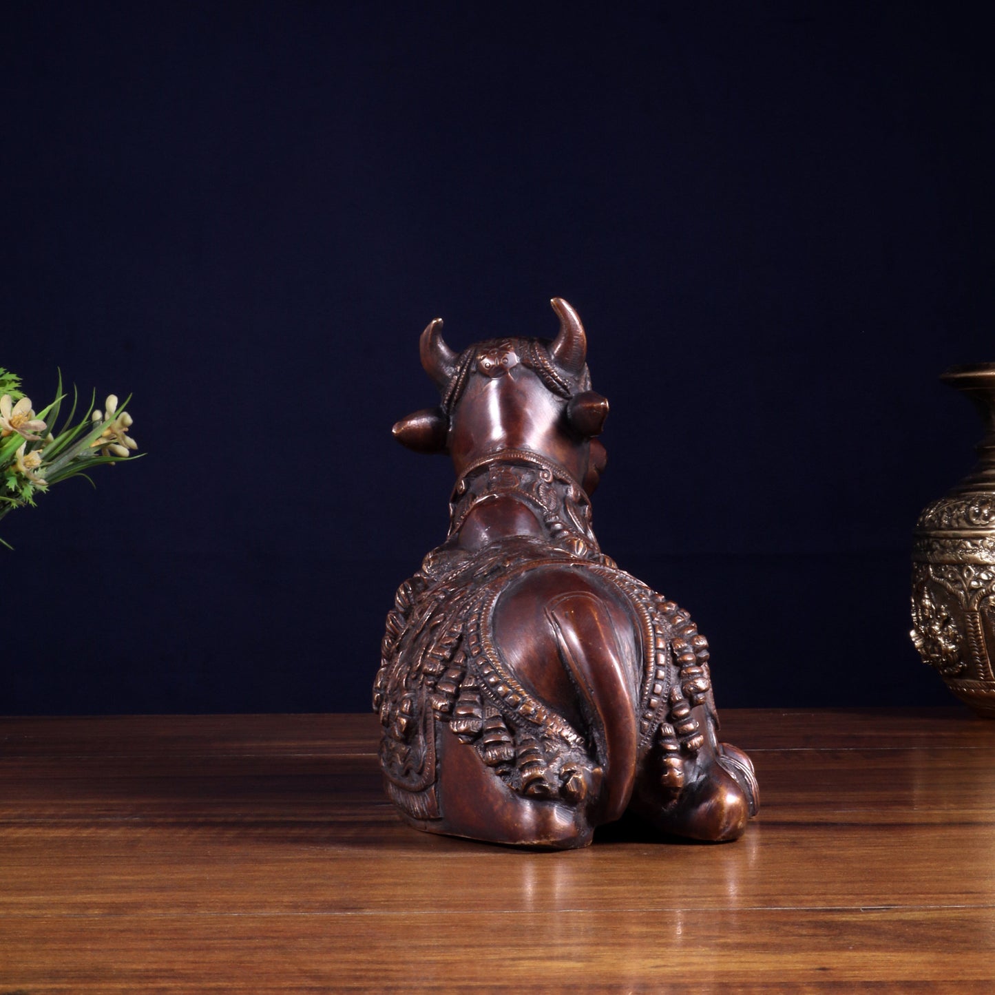 Pure Brass Engraved Nandi Statue – 10" Dark brown