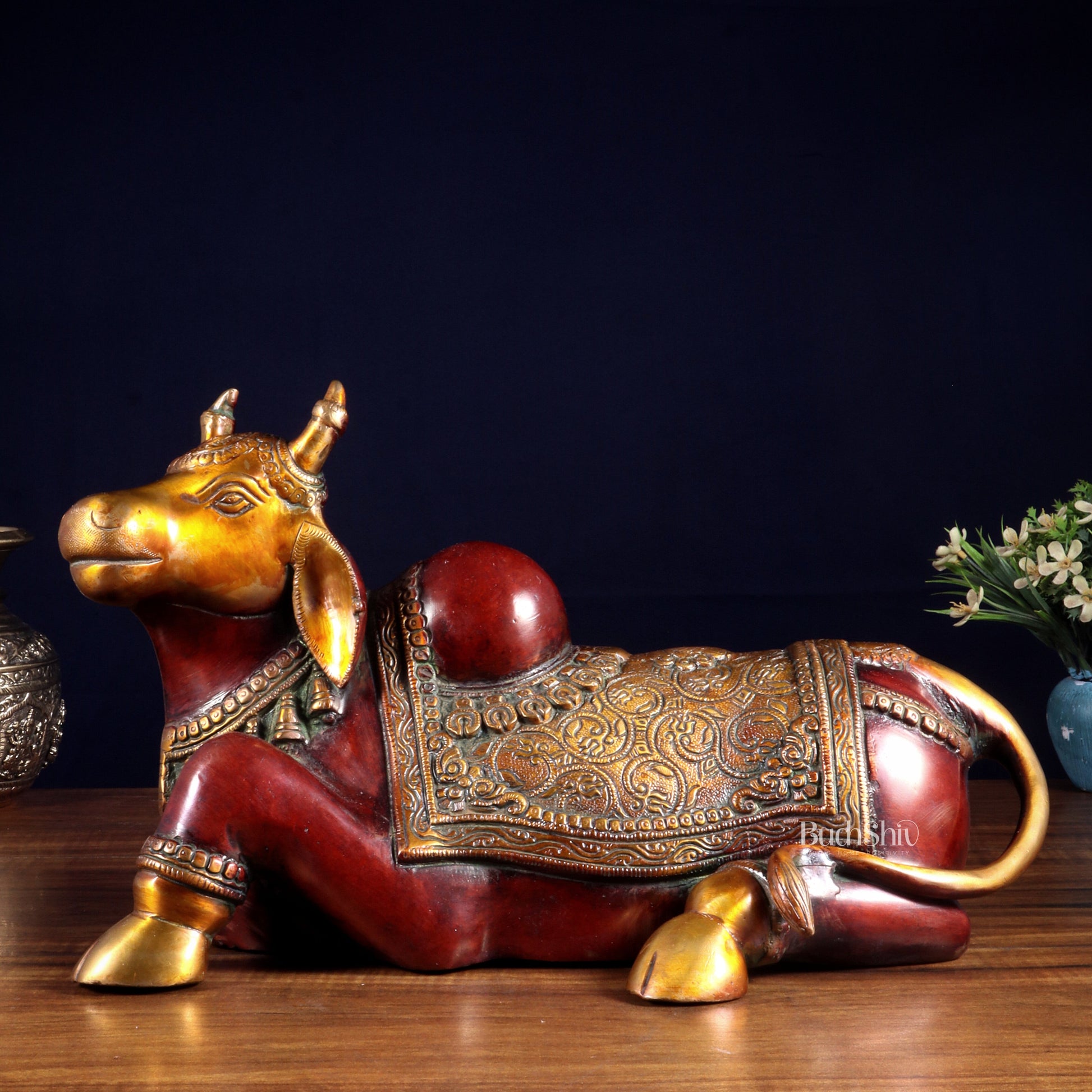 Brass Nandi Statue Hoysala red tone - 15 inch