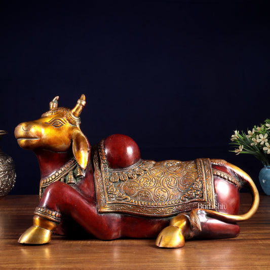 Brass Nandi Statue Hoysala red tone - 15 inch