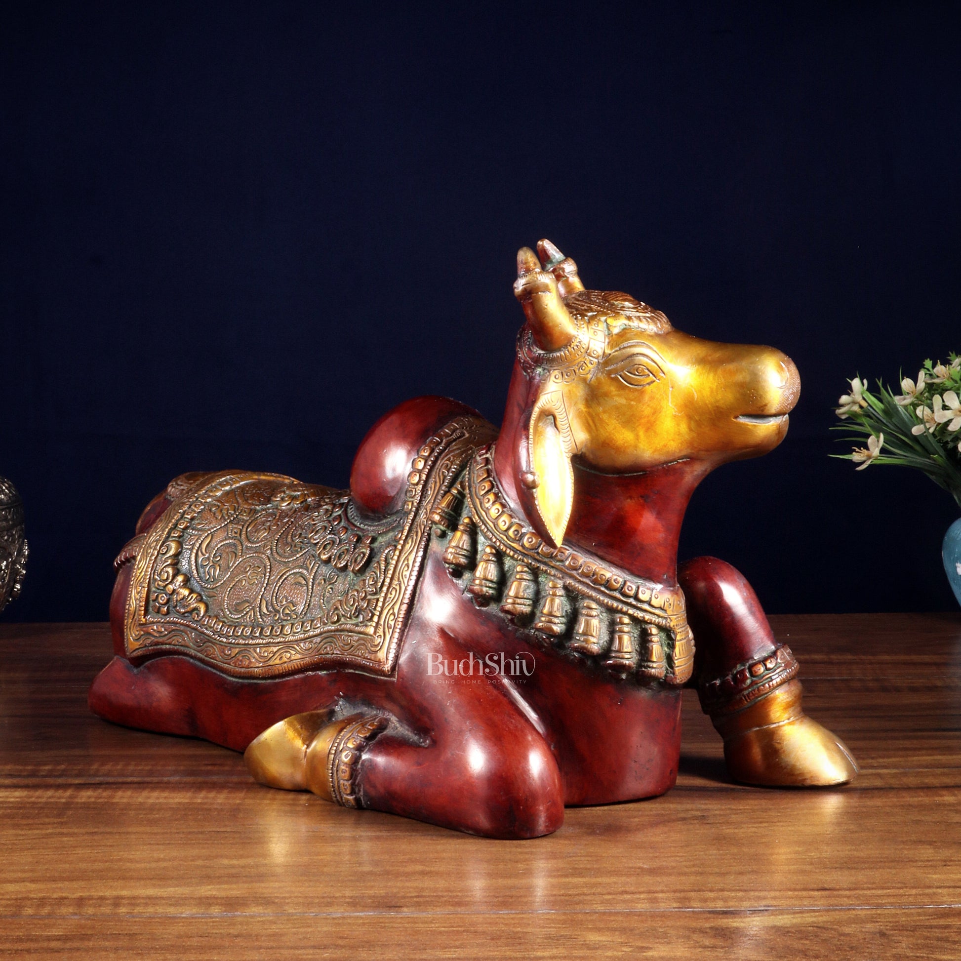 Brass Nandi Statue Hoysala red tone - 15 inch