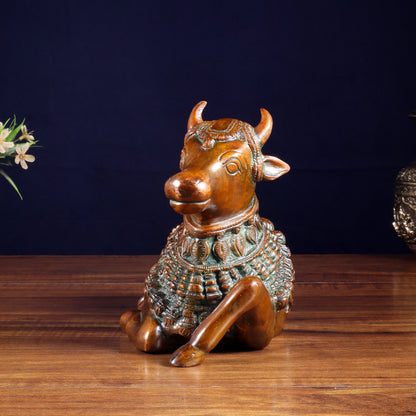 Pure Brass Engraved Nandi Statue – 10" Rustic brown