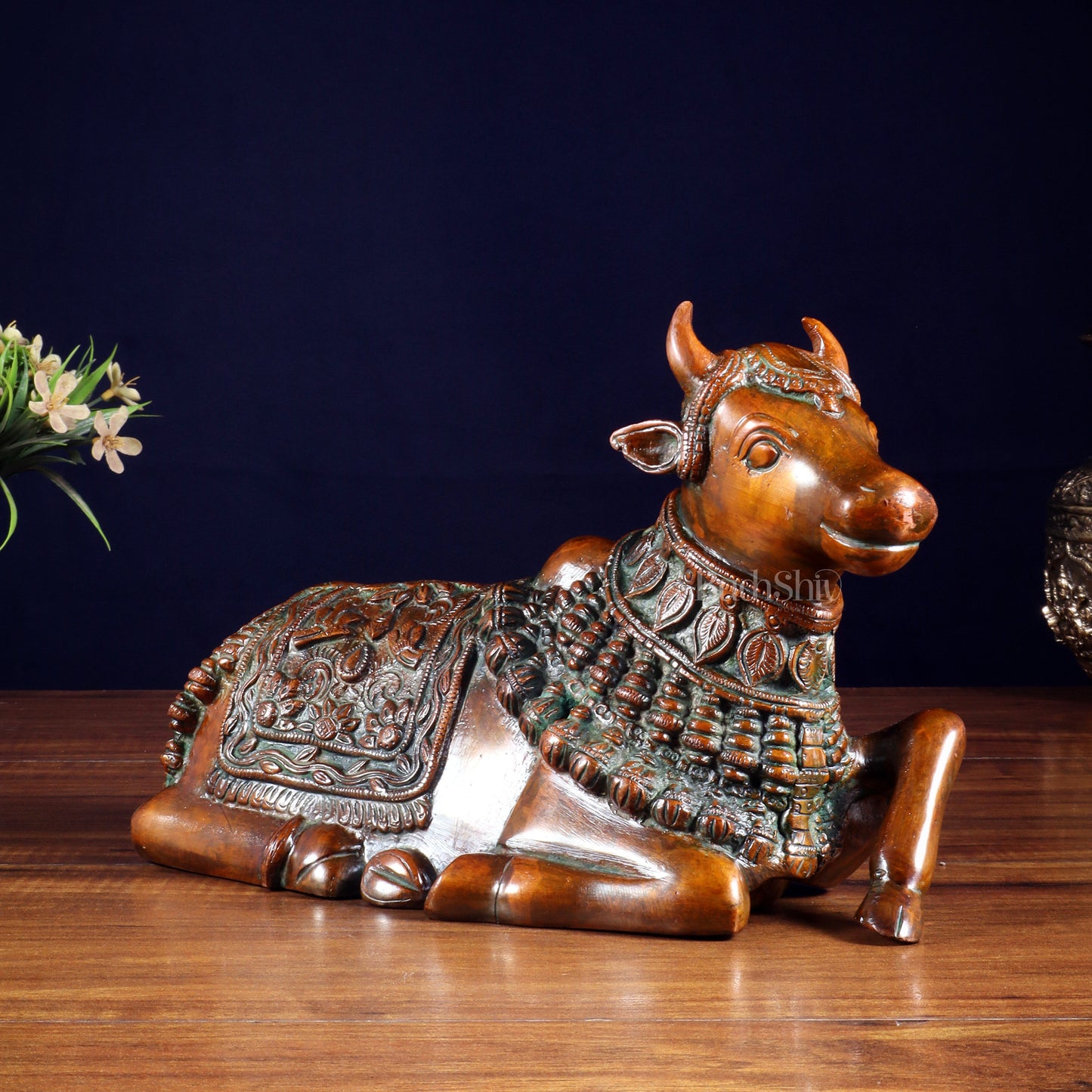 Pure Brass Engraved Nandi Statue – 10" Rustic brown