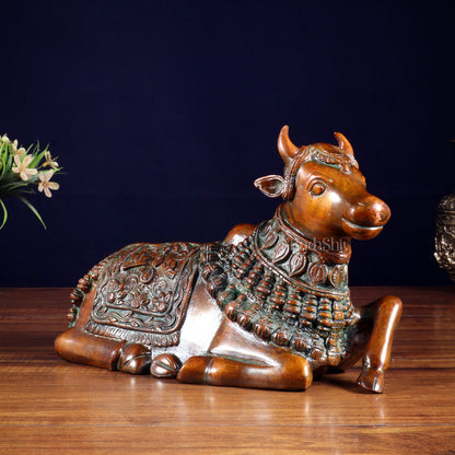 Pure Brass Engraved Nandi Statue – 10" Rustic brown