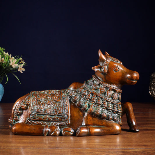 Pure Brass Engraved Nandi Statue – 10" Rustic brown