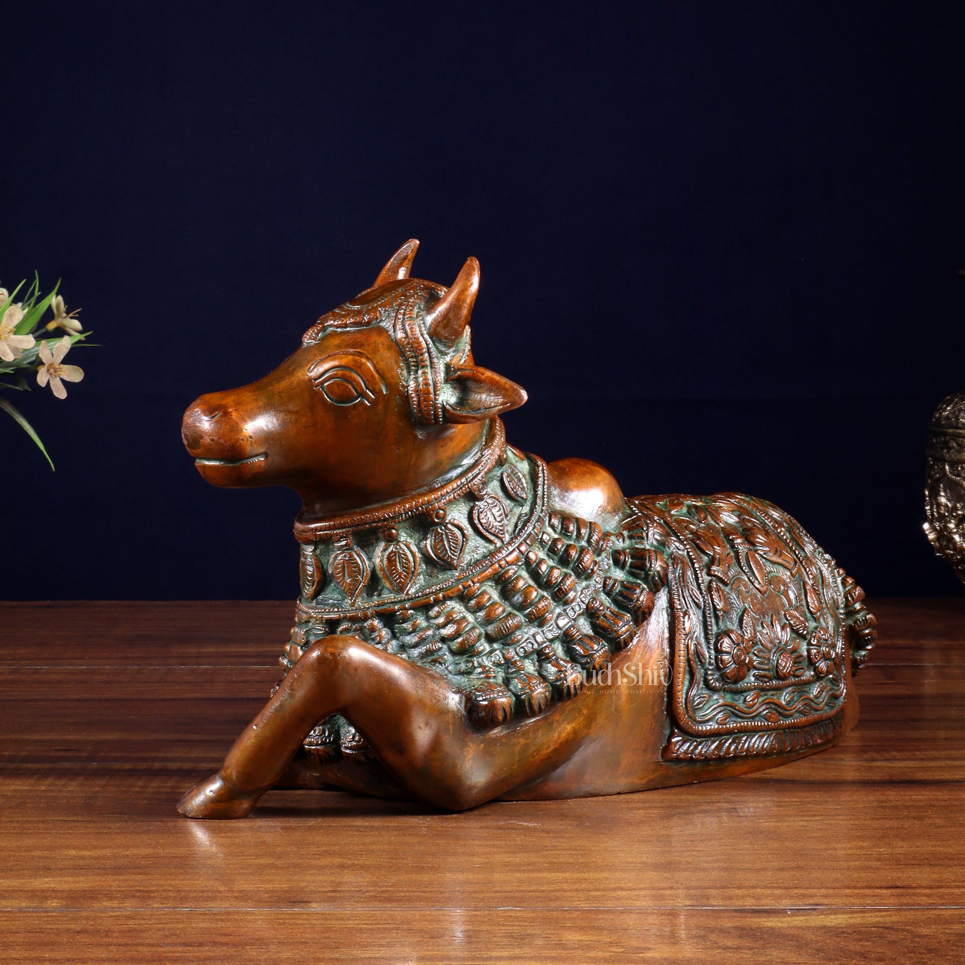 Pure Brass Engraved Nandi Statue – 10" Rustic brown