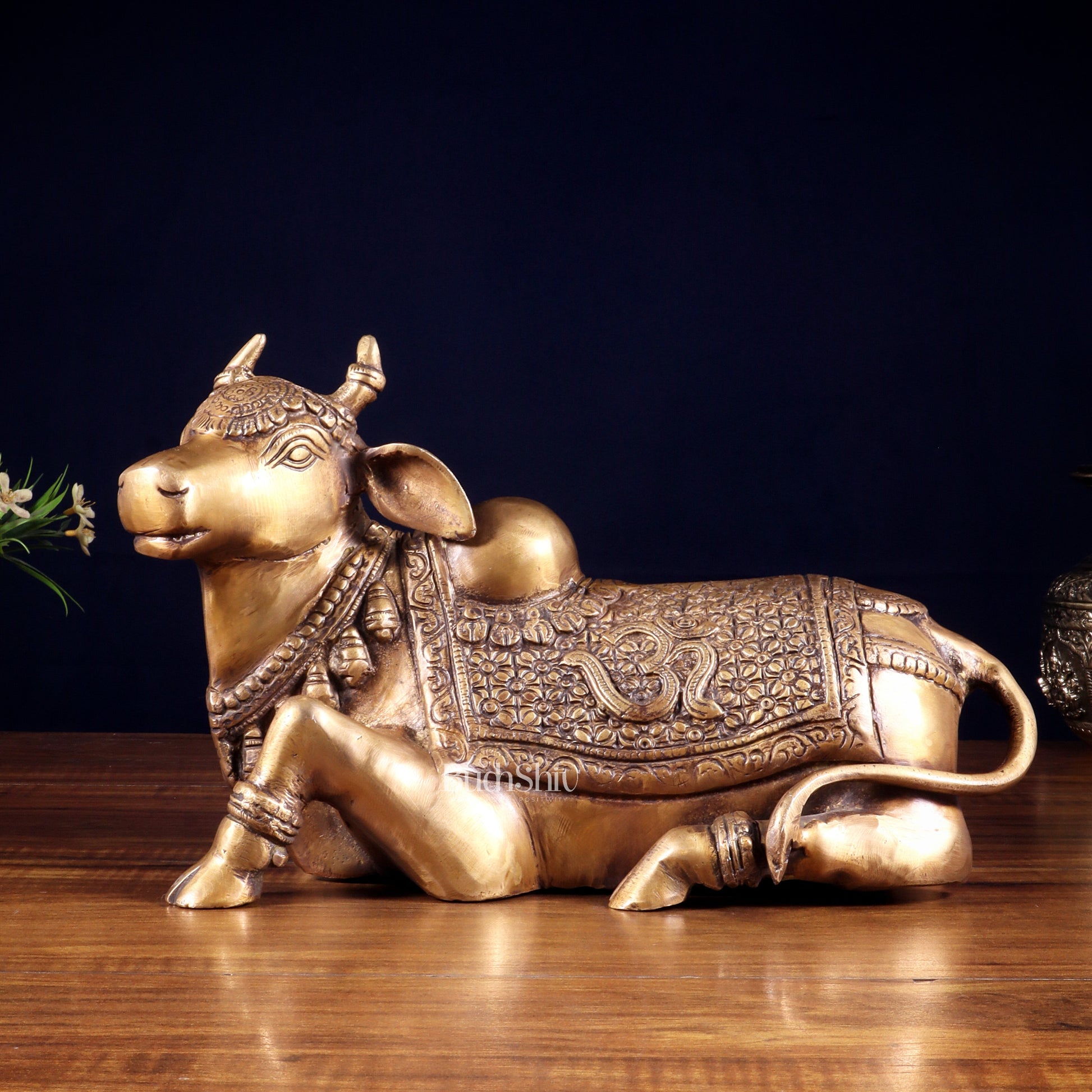 Handcrafted Brass Nandi Statue - 13.5 inch burnt brass tone