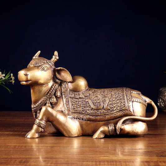 Handcrafted Brass Nandi Statue - 13.5 inch burnt brass tone