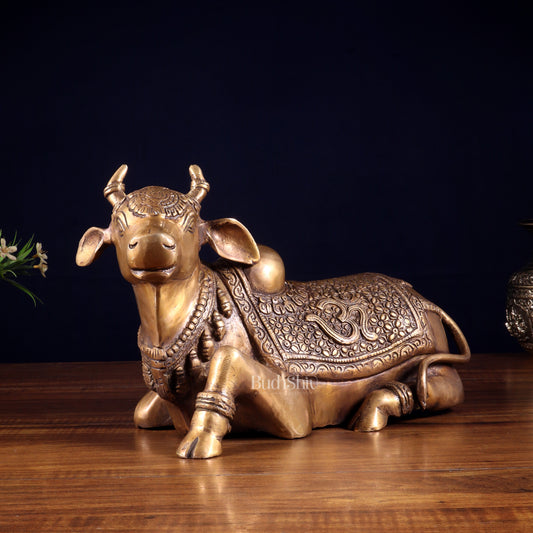 Handcrafted Brass Nandi Statue - 13.5 inch burnt brass tone