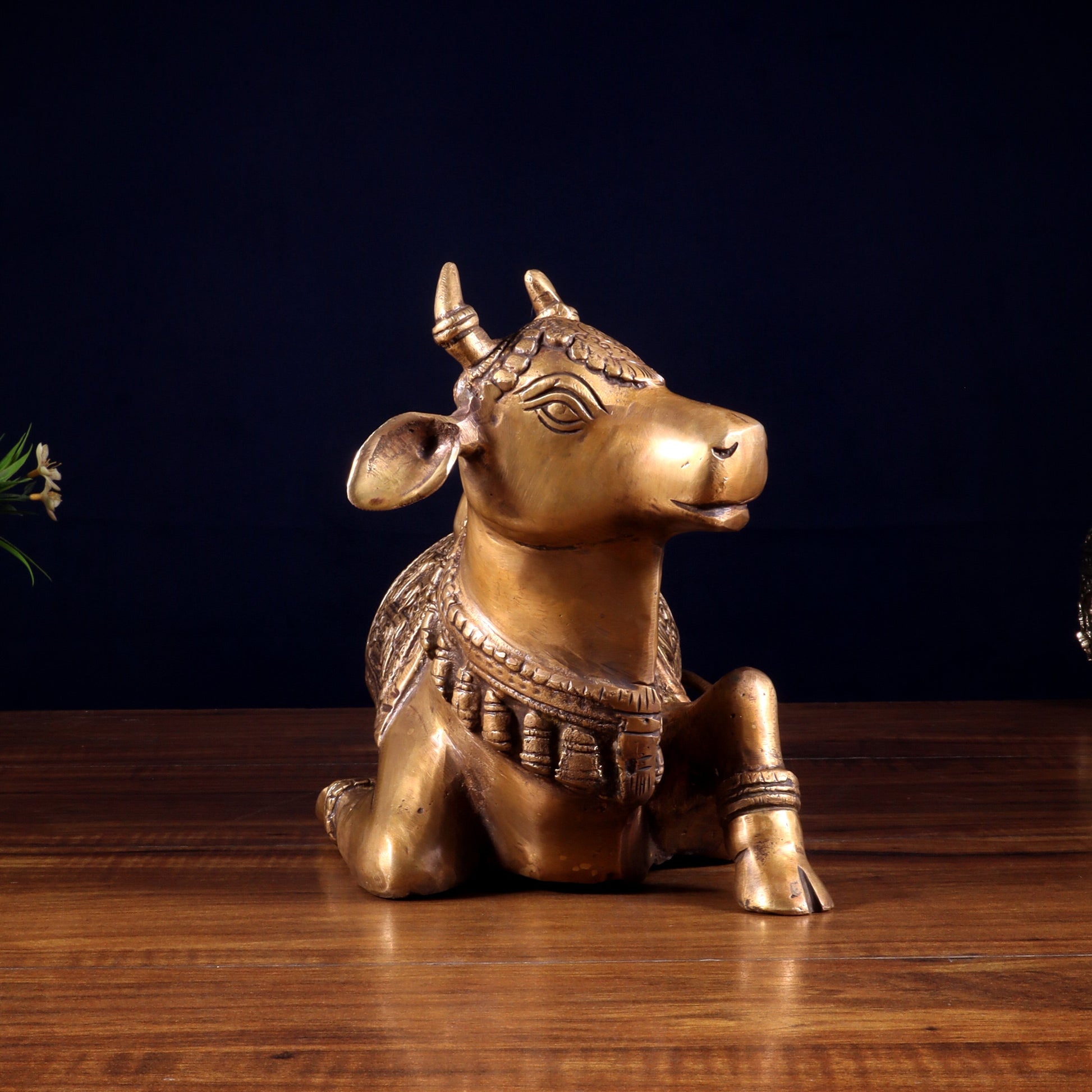 Handcrafted Brass Nandi Statue - 13.5 inch burnt brass tone