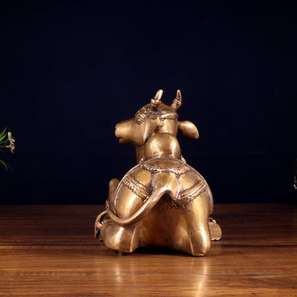 Handcrafted Brass Nandi Statue - 13.5 inch burnt brass tone