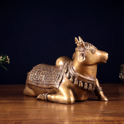 Handcrafted Brass Nandi Statue - 13.5 inch burnt brass tone