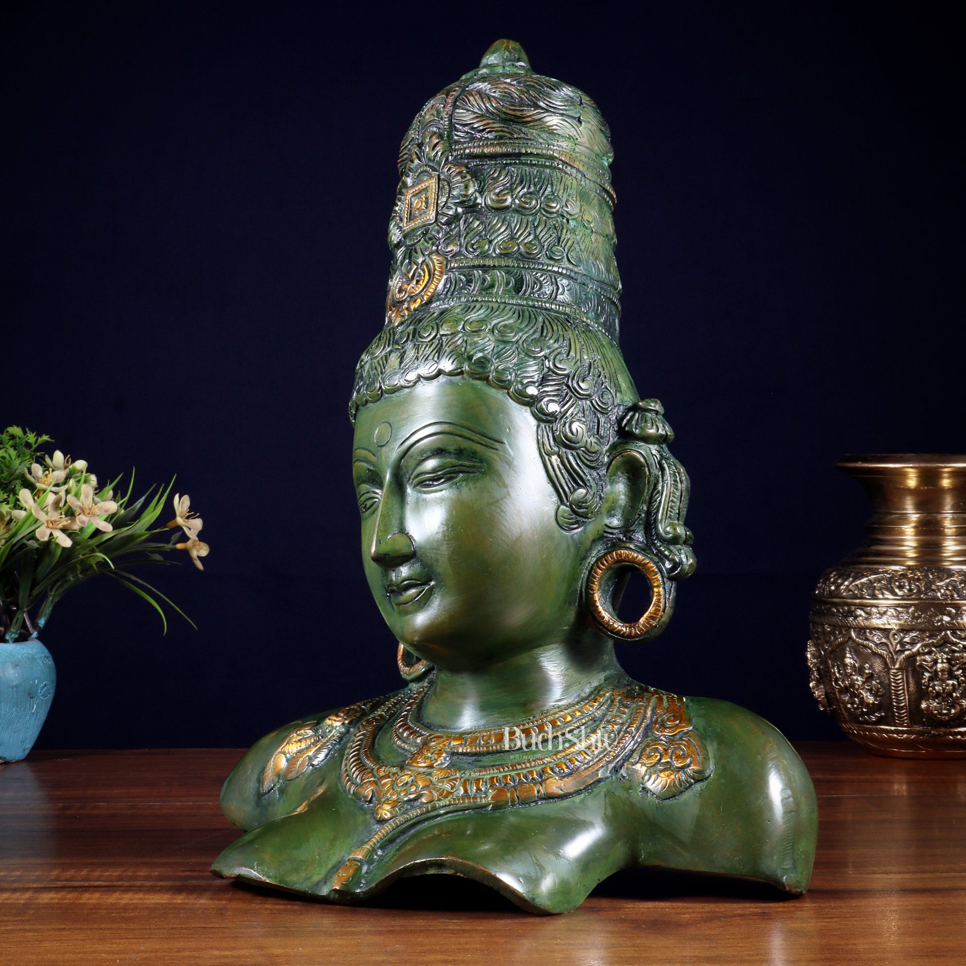 Brass Parvati face Bust table accent 12" vintage green