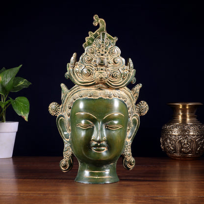 Pure Brass Tara Face Bust Statue – Vintage Green 12"