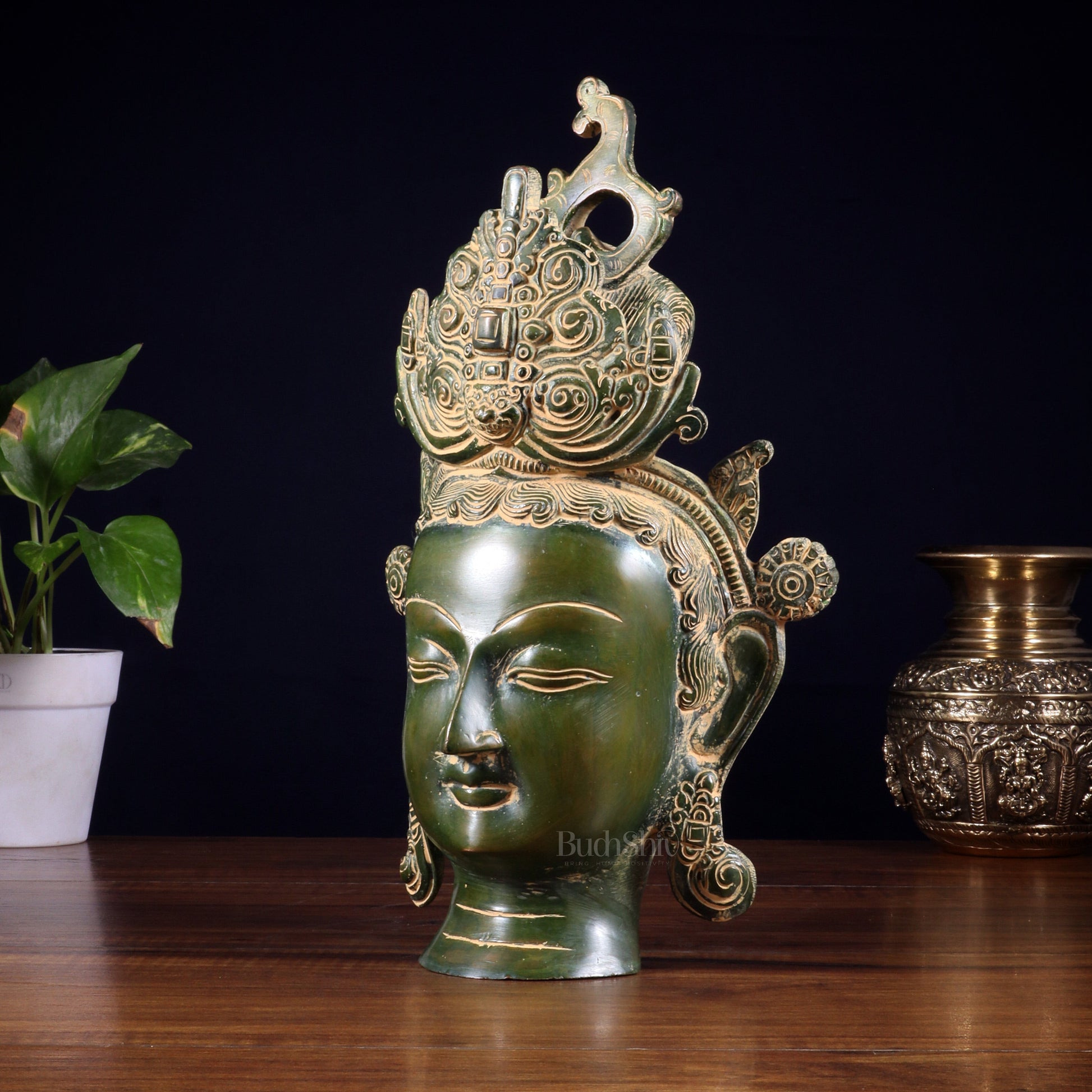 Pure Brass Tara Face Bust Statue – Vintage Green 12"