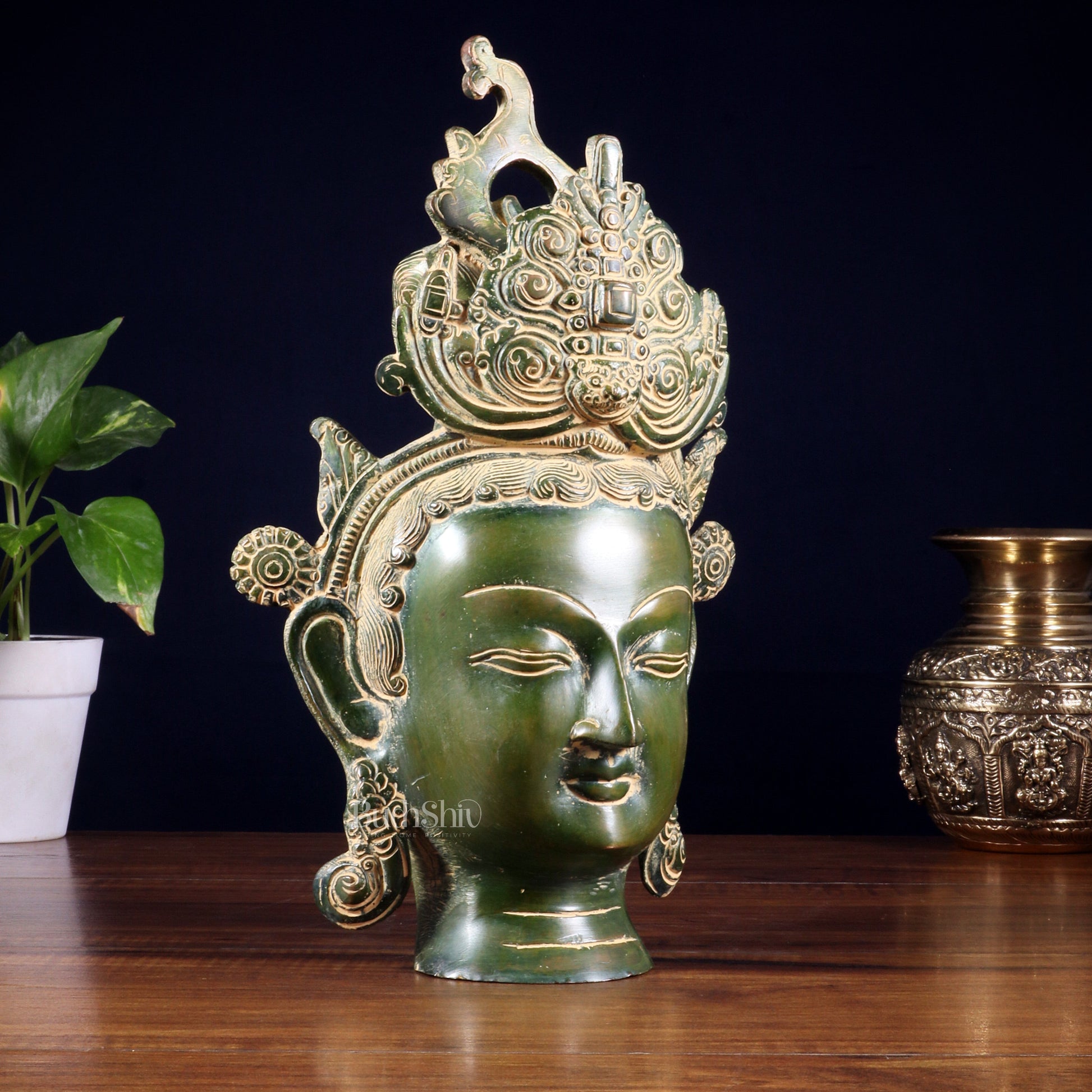 Pure Brass Tara Face Bust Statue – Vintage Green 12"