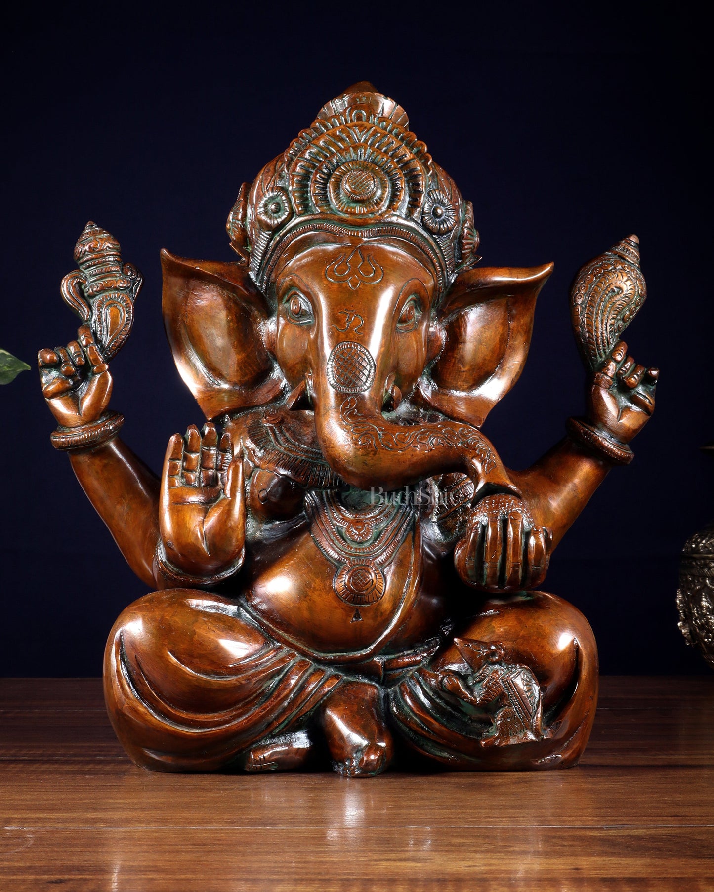 Vintage Brass Crown Ganesha Statue – Sharp Features in Copper Tone Finish 13 inch