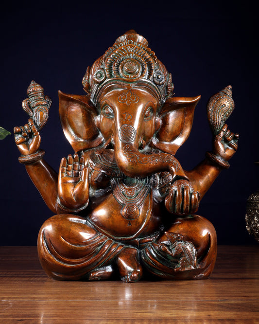Vintage Brass Crown Ganesha Statue – Sharp Features in Copper Tone Finish 13 inch