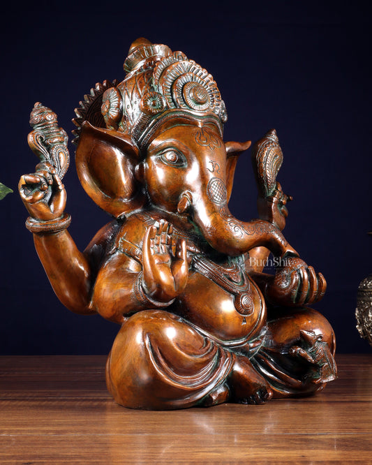 Vintage Brass Crown Ganesha Statue – Sharp Features in Copper Tone Finish 13 inch