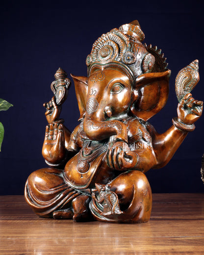 Vintage Brass Crown Ganesha Statue – Sharp Features in Copper Tone Finish 13 inch