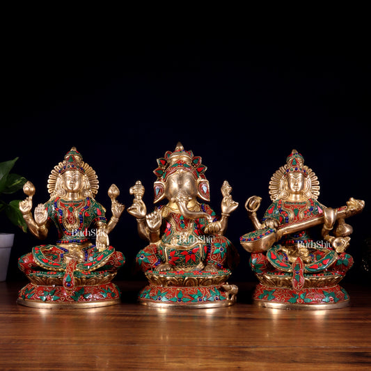 Pure Brass Ganesh Lakshmi Saraswati Idol Set – Intricate Floral Stonework 9.5 inch