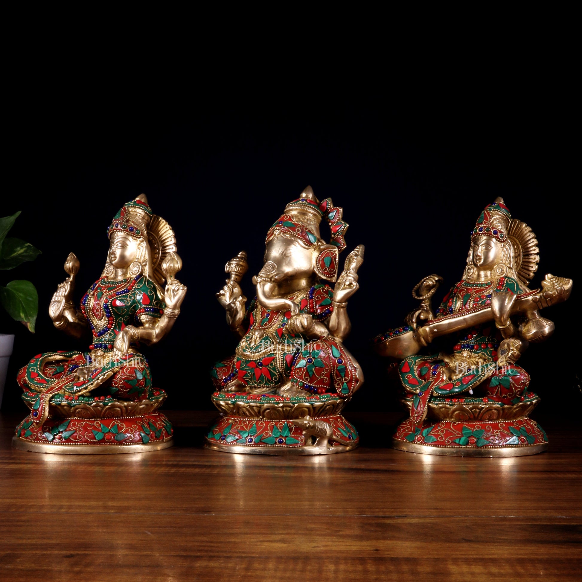 Pure Brass Ganesh Lakshmi Saraswati Idol Set – Intricate Floral Stonework 9.5 inch