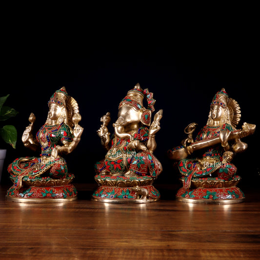 Pure Brass Ganesh Lakshmi Saraswati Idol Set – Intricate Floral Stonework 9.5 inch