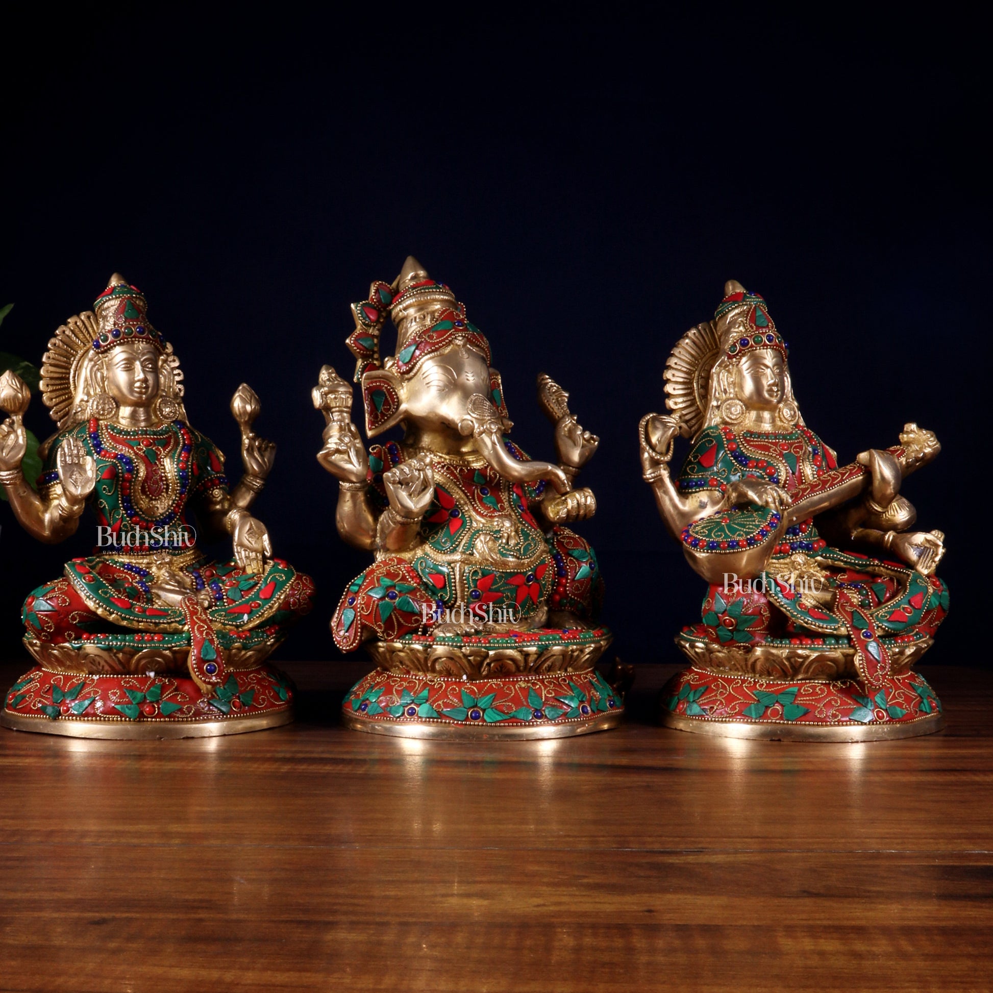 Pure Brass Ganesh Lakshmi Saraswati Idol Set – Intricate Floral Stonework 9.5 inch