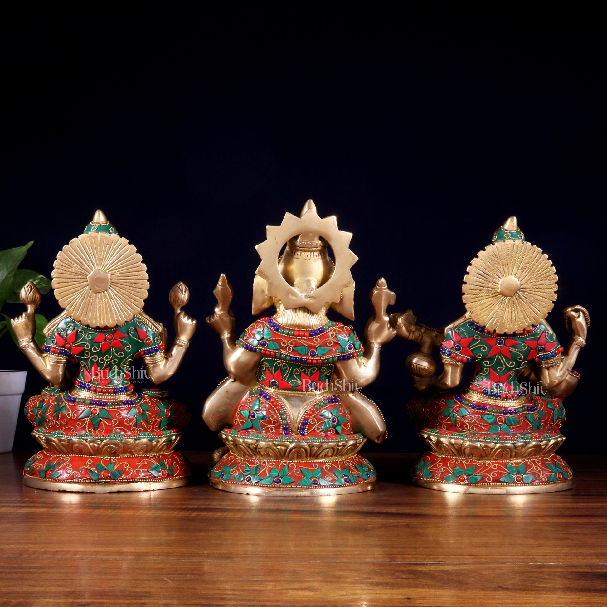 Pure Brass Ganesh Lakshmi Saraswati Idol Set – Intricate Floral Stonework 9.5 inch