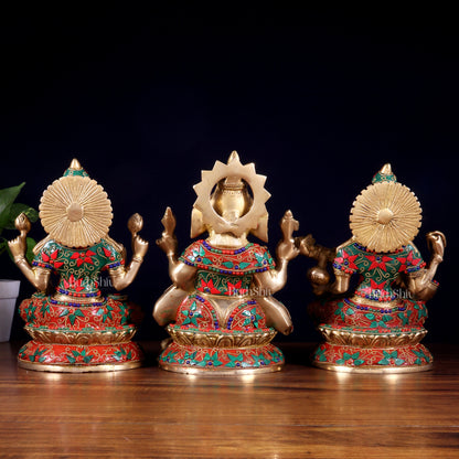 Pure Brass Ganesh Lakshmi Saraswati Idol Set – Intricate Floral Stonework 9.5 inch
