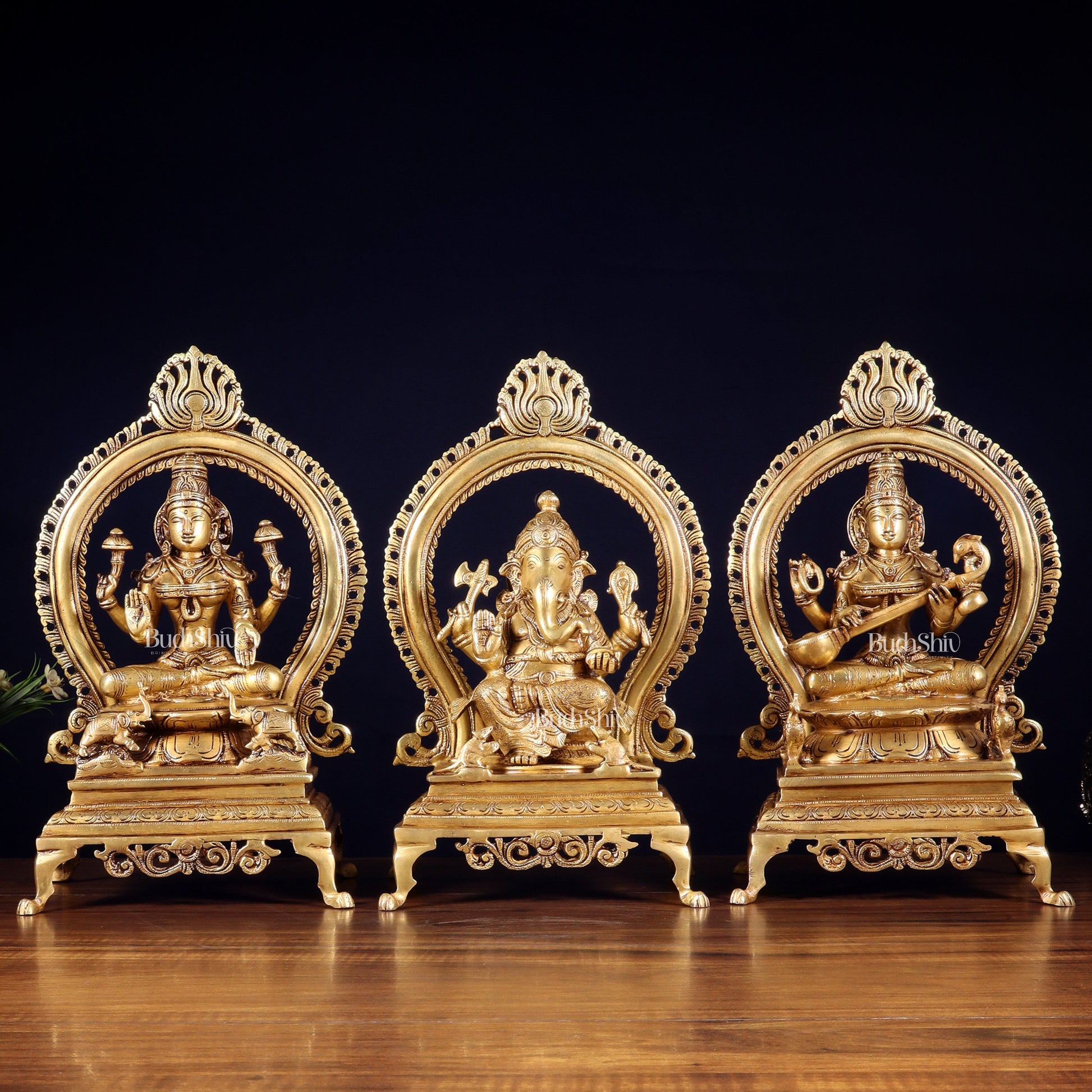 Pure Brass Ganesha, Lakshmi & Saraswati Idol Set with Prabhavali Frames 13"