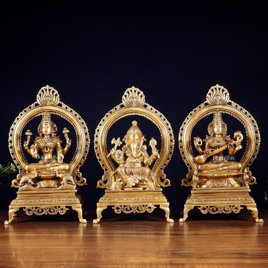 Pure Brass Ganesha, Lakshmi & Saraswati Idol Set with Prabhavali Frames 13"