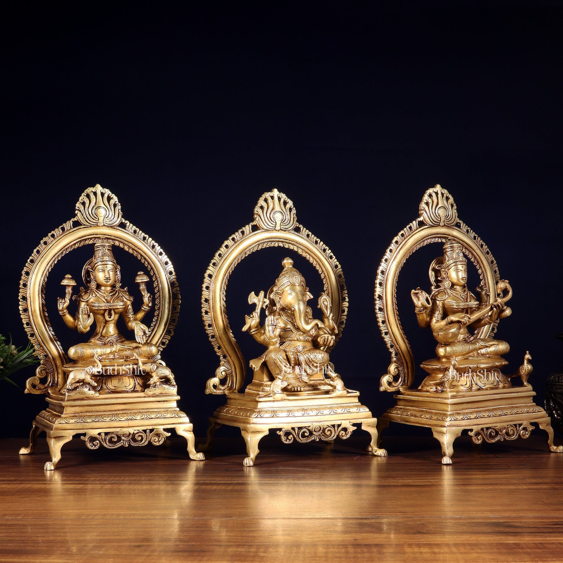Pure Brass Ganesha, Lakshmi & Saraswati Idol Set with Prabhavali Frames 13"