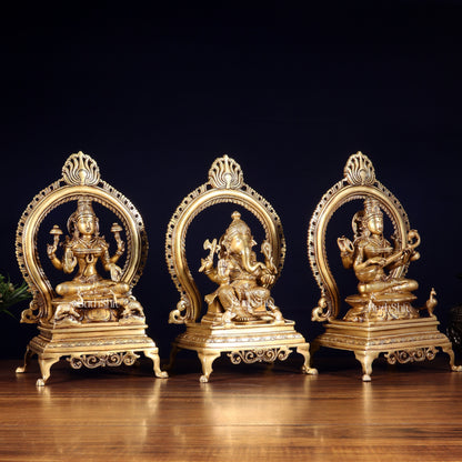 Pure Brass Ganesha, Lakshmi & Saraswati Idol Set with Prabhavali Frames 13"