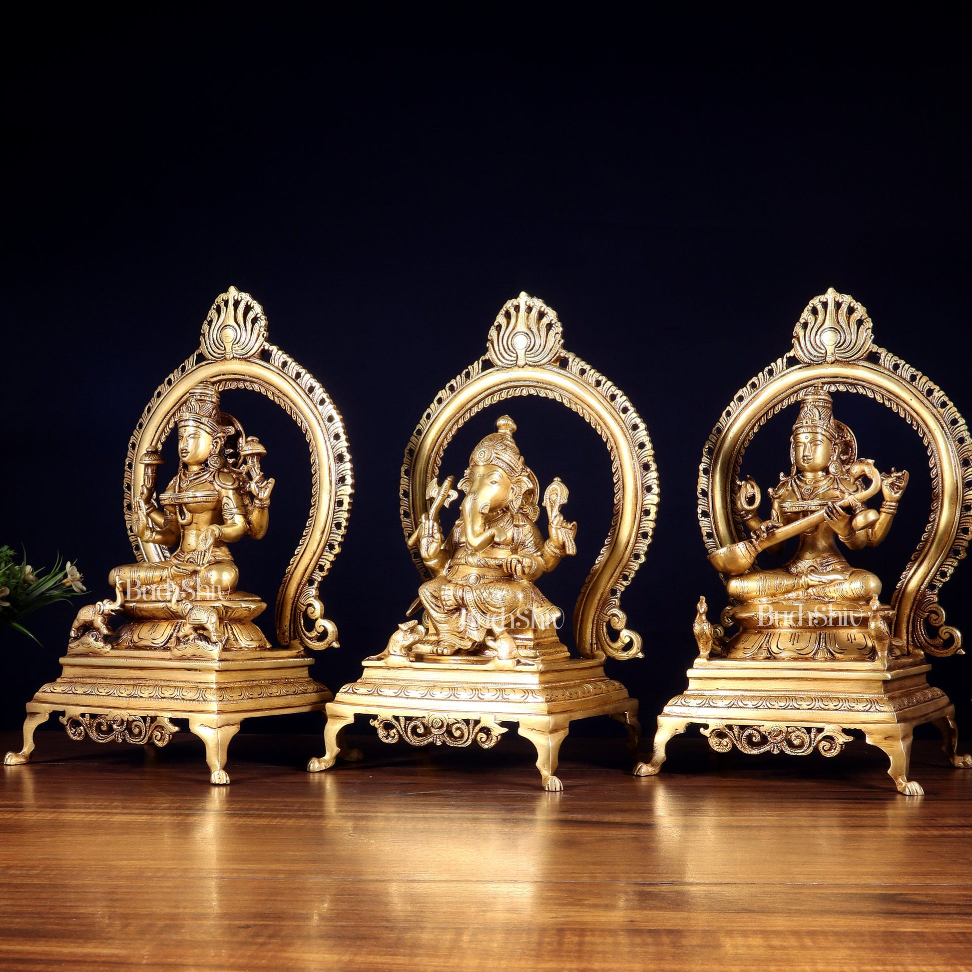 Pure Brass Ganesha, Lakshmi & Saraswati Idol Set with Prabhavali Frames 13"