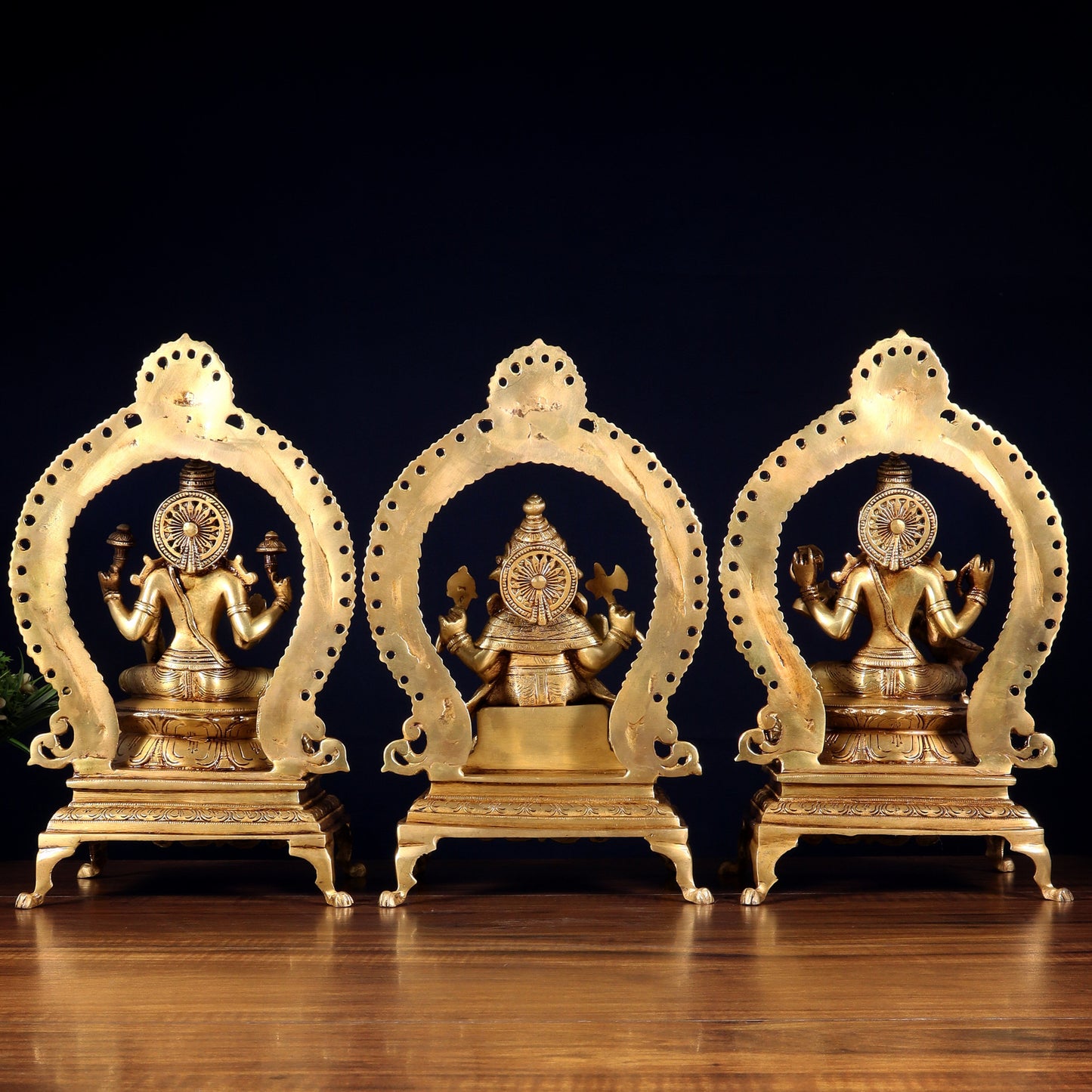 Pure Brass Ganesha, Lakshmi & Saraswati Idol Set with Prabhavali Frames 13"