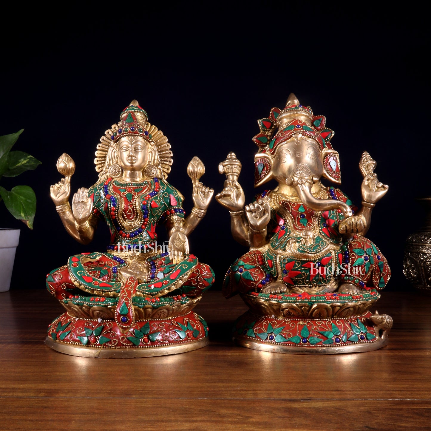 Pure Brass Ganesh Lakshmi Idol Pair – Intricate Floral Stonework 9.5 inch