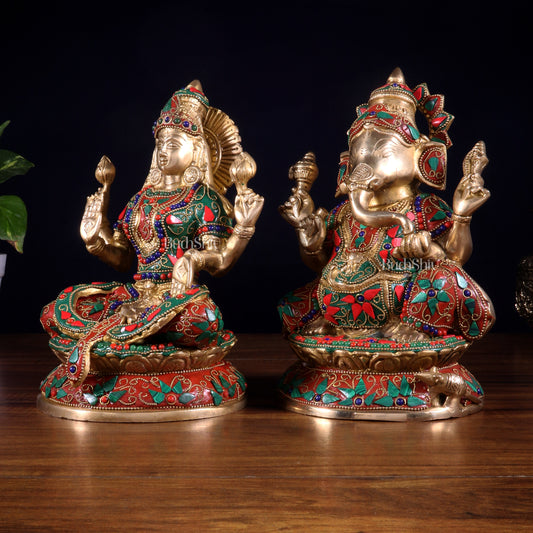 Pure Brass Ganesh Lakshmi Idol Pair – Intricate Floral Stonework 9.5 inch