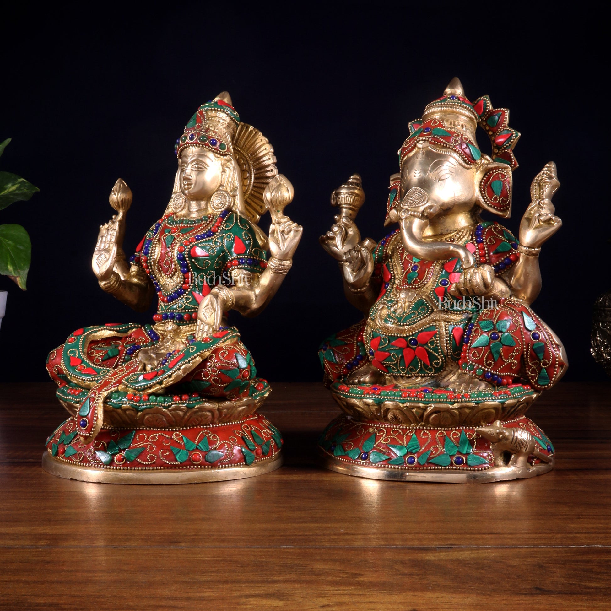 Pure Brass Ganesh Lakshmi Idol Pair – Intricate Floral Stonework 9.5 inch