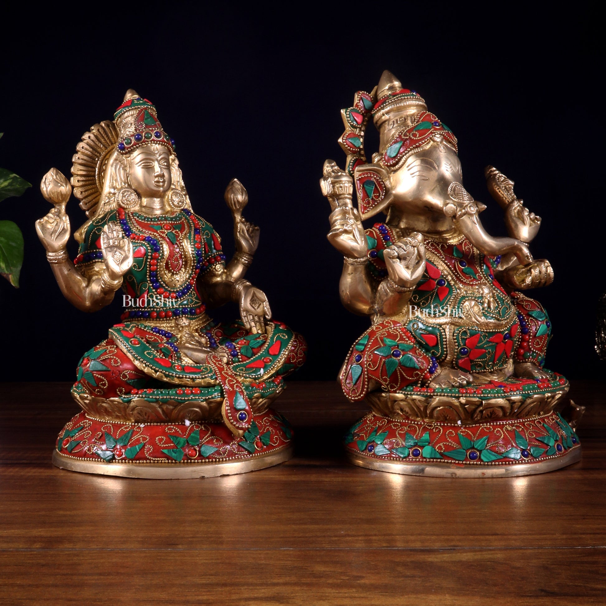 Pure Brass Ganesh Lakshmi Idol Pair – Intricate Floral Stonework 9.5 inch