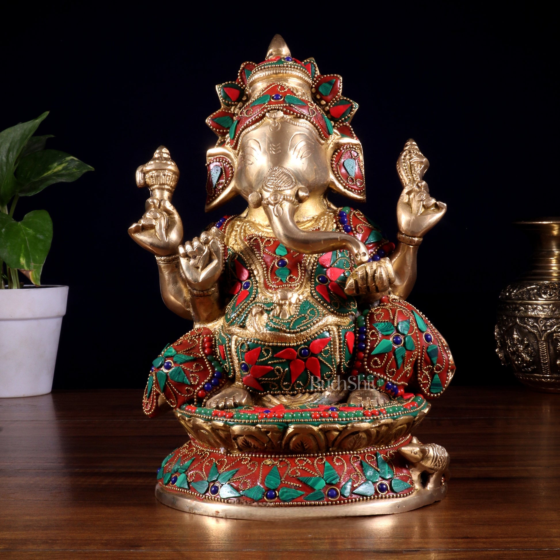 Pure Brass Lord Ganesha Idol – Intricate Floral Stonework (9.5 Inch)